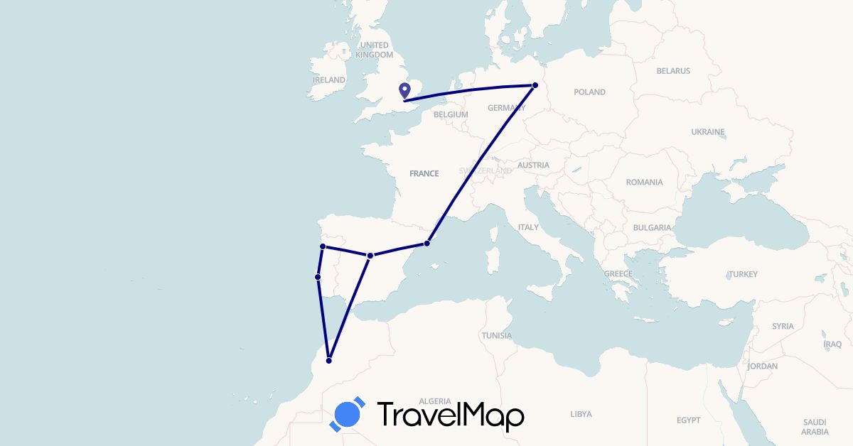 TravelMap itinerary: driving in Germany, Spain, United Kingdom, Morocco, Portugal (Africa, Europe)